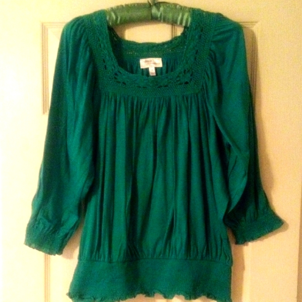Allison Brittney Green Smocked Ruffled Blouse 3/4 Sleeve 1X - Picture 1 of 8
